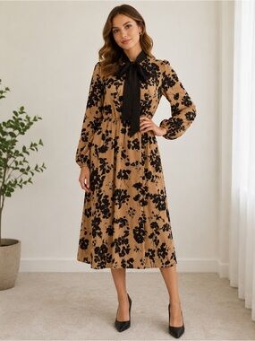 Floral Tie-Neck Long Sleeve Dress in Beige and Black